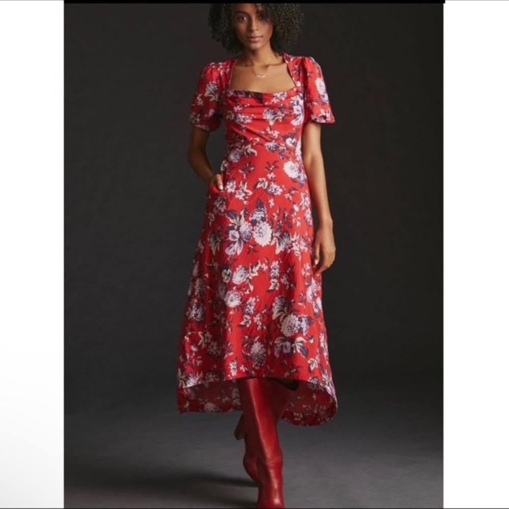 Maeve by Anthropologie Red Floral Puff Sleeve Hi Lo Dress sz 10